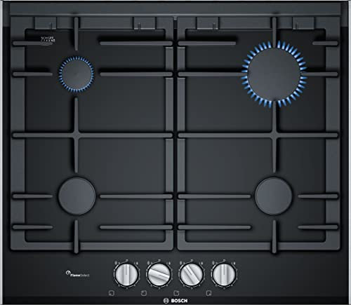 BOSCH PRP6A6B70D Gaskochfeld Serie 8, autarker Gasherd 60 cm breit, FlameSelect, Spülmaschinenfeste Topfträger, 1-Hand-Zündung, Alu gebürstet, Schwarz