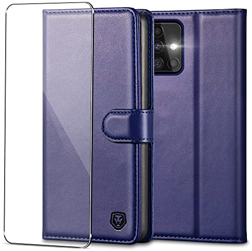Kuafcase Handyhülle für Samsung Galaxy A51 Hülle mit Panzer Glas | Premium PU Leder Hülle, Kartenfächern, Standfunktion, Klapp-Geldbörse, RFID Schutzhülle, Stoßfest, Navy Blau