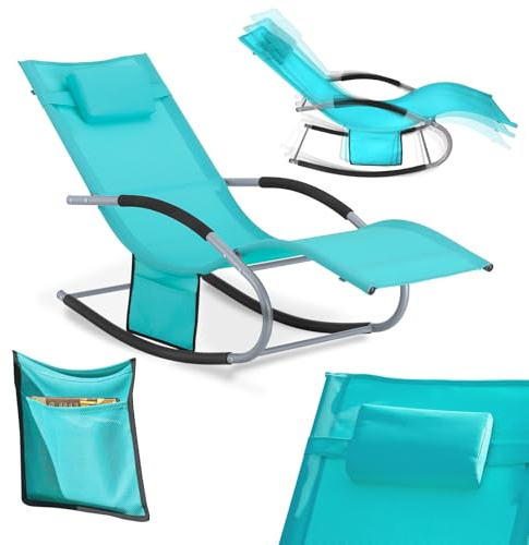 SoBuy Sonnenliege Gartenliege wetterfest Liegestuhl Schaukelstuhl mit Kopfkissen Relaxliege Schaukelliege Strandliege Outdoor Terrasse Balkon Camping bis 150 kg Türkis Gartenmöbel OGS28-HB