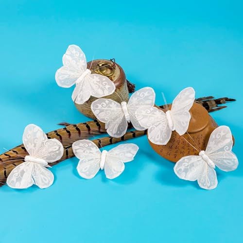 YCHTEWY Feder-Schmetterling-Dekoration auf Picks, Blumenbedarf, Set mit 12 Stück, mit Draht, weiße Schmetterlinge, Schmetterlinge für Blumenarrangements (A)