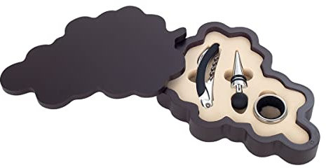 ROCKING GIFTS Ensemble de vin pour cadeau, boîte en bois en forme de vigne de raisin avec 3 accessoires, bouchon en métal, tire-bouchon avec couteau et anneau anti-goutte, 26 cm