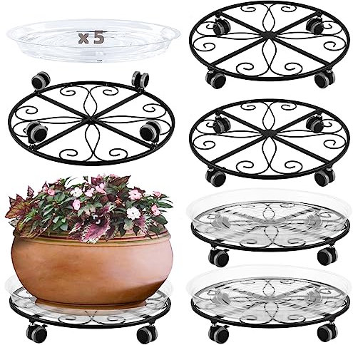 5 Pack Plant Caddy with Wheels Heavy Duty 16 Inch Large Metal Plant Stand with Wheels Plant Dolly Rolling Plant Stand Plant Roller with Casters for Indoor and Outdoor with 5 Pack Plant Saucers, Black