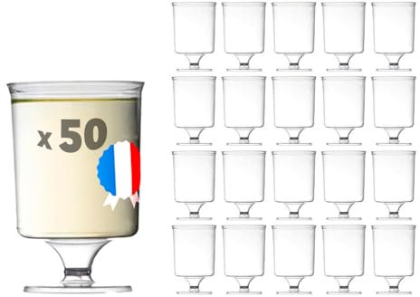 Table'Colors 50 Verres à Vin Plastique Reutilisable 17cl - A Pied pour Apéritif - Idéal pour Mariage - Anniversaire - Fabriqué en France - Base Stable - Facile à Tenir - Transparent