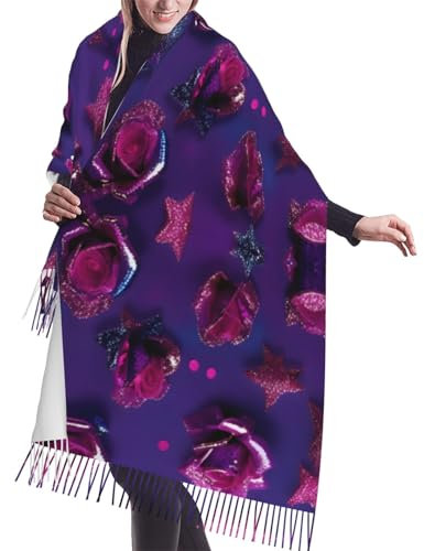 Grüner Golfplatz-Strickschal mit Fransen, warmer Schal, Damenschal, stilvolles und gemütliches Accessoire für modische Frauen, Glitzer Pailletten Rose, One size