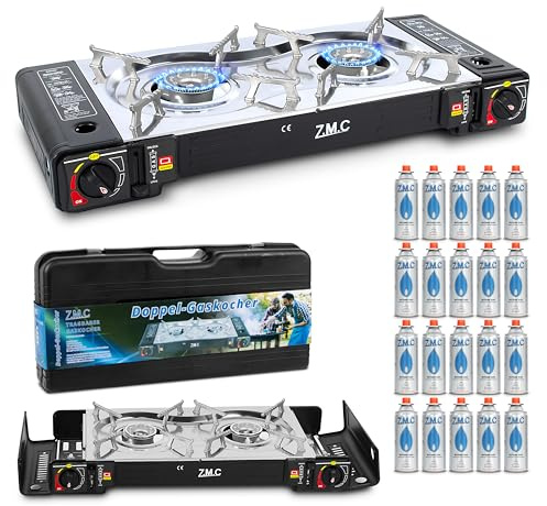 Z.M.C Camping gasspis, 2 plattor, inklusive adapter för LPG-anslutning, 20 gaspatroner på 227 g, campingspis med piezo-tändning för utomhus- och inomhusbruk