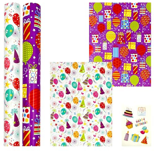 2 Rollen 43 cm x 12 m Geburtstagsgeschenkpapier, recycelbare Papierrollen für Geburtstag, Babyparty, Party-Geschenkdekorationen
