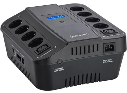 Accurat UPS Unterbrechungsfrei Stromversorgung Flux850-850VA/510W, AVR, LCD, AC, 2 Schuko-Steckdose, C13, Überspannungsschutz, RJ45, USB A/B- Line Interactive USV, Netzinteraktive Notstromversorgung