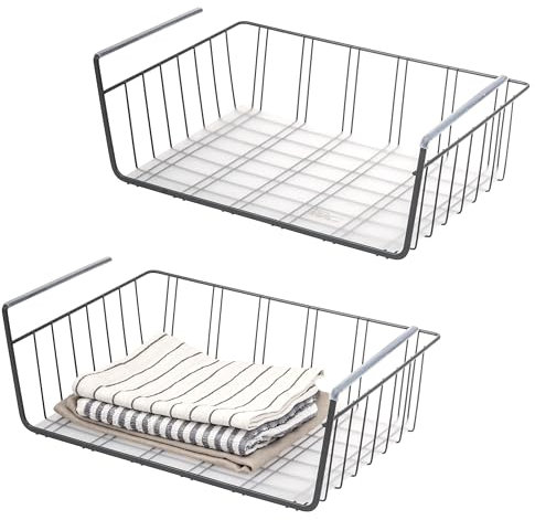 eluno Schrankkörbe 2er Set inklusive Einlegeböden und Kratzschutz, Aufbewahrungskorb Organizer für Küche, Speisekammer, Büro, Bücherregal, Schrank, Schränke, Badezimmer, Unterregal, 41 cm (Grau)