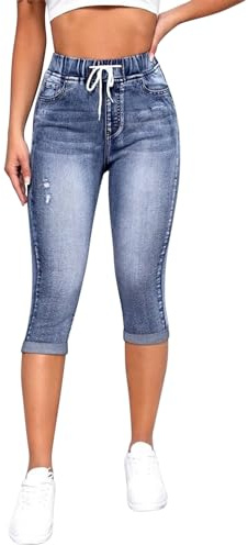 Damen Capri-Jeans mit Kordelzug, elastischer Bund, Used-Look, zerrissene Capri-Jeans, schmale Passform, kurze Denim-Hose, Sommer-Hose, marineblau, 36