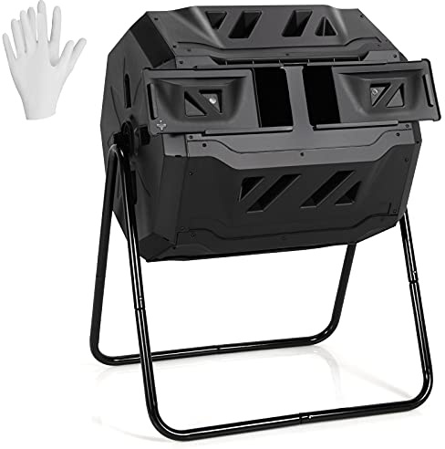 COSTWAY Compostiera da Giardino 160 L, Bidone per Compostaggio a Doppia Vasca con 2 Porte Scorrevoli e Telaio Metallico Robusto, Compostiera Rotante da Esterno a 360°Senza BPA (Nero)