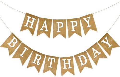 G2PLUS Happy Birthday Girlande Leinen, Vintage Geburtstag Wimpelkette, Happy Birthday Wimpelkette mit Weiß für Geburtstag Party Dekoration