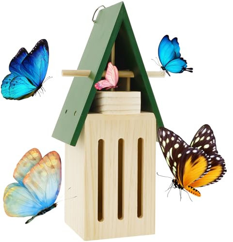 Sutowe Butterfly Feeder House Natural Wood Flying Insect House Decorative Butterfly Shelter Safe Butterfly Habitat with Hooks Hang on Wall or Tree for Outdoor Garden