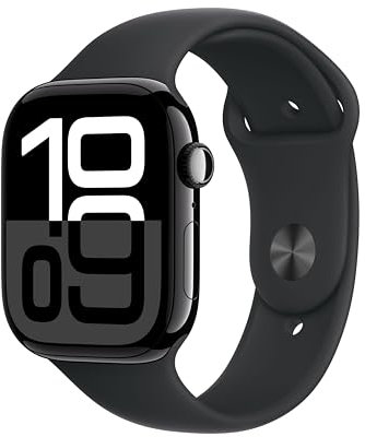 Apple Watch Series 10 (GPS 46 mm) Smartwatch mit Aluminiumgehäuse in Diamantschwarz und Sportarmband in Schwarz (S/M). Fitnesstracker, EKG App, Always-On Retina Display, Wasserschutz