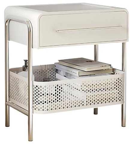 GUIXAN Small Sofa Side Table, Bedroom Bedside Table with Drawers, Wrought Iron Nightstands Storage Unit with Shelf, Glass Table Top for Living Room, 48x38x55cm(Size:Basket,Color:White)