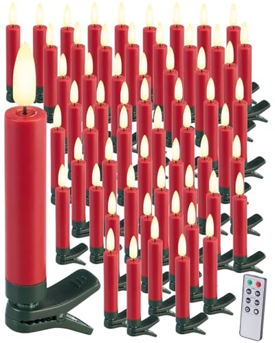 Lunartec Christbaum-LED-Kerzen: 60er-Set LED-Weihnachtsbaumkerzen mit täuschend echter Flamme, rot (Kerzen kabellos mit Fernbedienung, Künstliche Kerze Weihnachtsbaum, Baum)