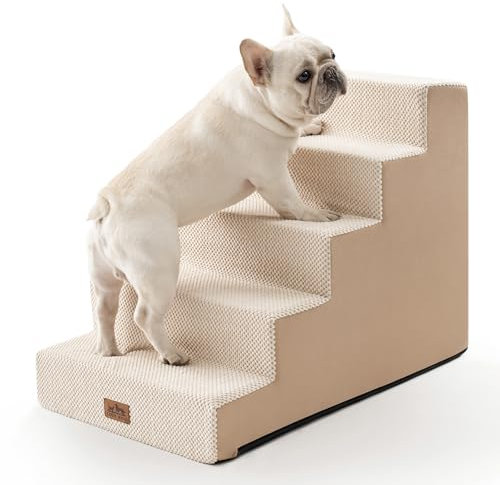 COZY KISS Hundetreppe für Kleine Hunde, 5 Stufen Breiter Haustiertreppe für Bett Couch Auto, 60cm Hoch Hochdichtem Schaumstoff Katzentreppe mit Abnehmbarem Bezug (Beige, 75x50x60cm, 5)