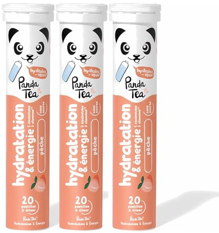 Panda Tea - Hydratation & Énergie - Pêche - 60 Pastilles sans sucre - Electrolyte Ultra Hydratation - Idéale pour le Sport et le Quotidien