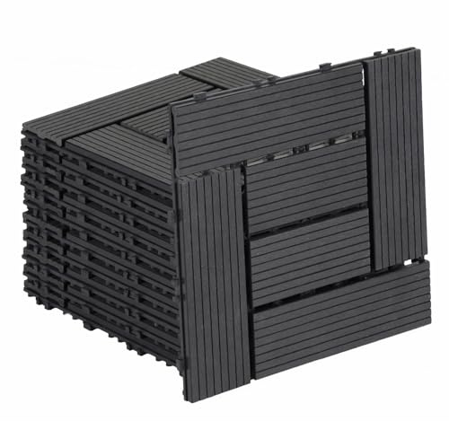 Fiqops 11 Stück WPC Terrassenfliesen, 30x30 cm WPC Fliesen,Balkon Bodenfliese mit Klick-System,Balkonfliesen in Holzoptik,Terrassendielen Wasserfest für Terrasse,für 1m²,Anthrazit