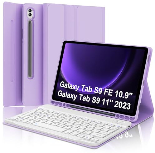 Keyboard Case for Samsung Galaxy S9 FE 10.9 Inch & S9 11 Inch Case with Keypad, Galaxy Tablet S9FE 2023 Key Board with Pen Holder, Detachable Multi-Function Smart Cover, Long Battery Life Purple