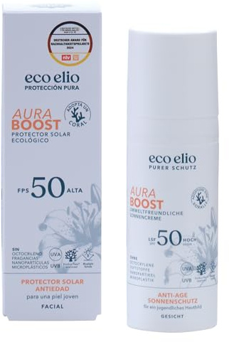 eco elio Aura Viva Protector Solar Facial SPF 50, Natural, Sin Octocrileno ni Microplásticos, Reef Safe, Cosmética Eco para la Cara, Ideal Piel Sensible, Uso Diario, Formato Viaje Compacto 50ml