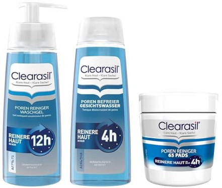 Clearasil Poren Reiniger Pads (65 Stück) + Poren Befreier Gesichtswasser 200ml + Poren Reiniger Waschgel 200 ml - Reinigungsset