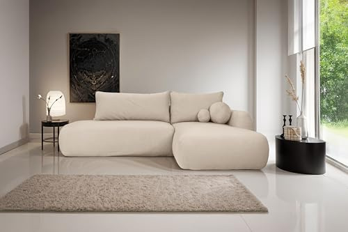 Kaiser Möbel - Ecksofa mit Schlaffunktion und Bettkasten, Schlafsofa mit Bettzeugbehälter, Sofa L Form, Wohnlandschaft, Klappsofa, Bequemes Couch mit Ottomane für Wohnzimmer, FABO, Hellbeige, Rechts
