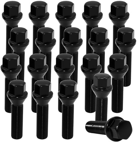 QIAOAUTOCC M14x1.5 Wheel Lug Bolts – 45mm Thread Length, 17mm Hex, 60° Conical Seat – Compatible with Wheel Spacers & European Vehicles – 20 Pack, Black