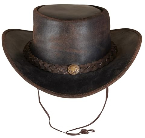 URBAN 5884 Äkta läder cowboyhatt, herr/dam äkta kohud västerländsk hatt, formbar brätte och justerbar hakrem, Brun, XL