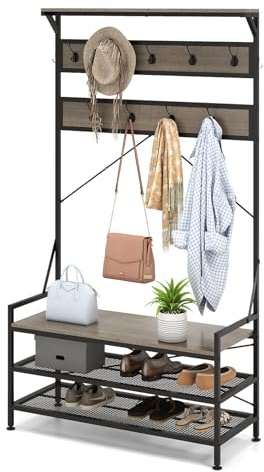 HOMASIS 4 in 1 Garderobenständer mit Sitzbank & Schuhregal, Garderobe mit 11 Haken & Ablage, Metall Kleiderständer Flurgarderobe für Wohnzimmer, Schlafzimmer, 102 x 40 x 184 cm (Grau)