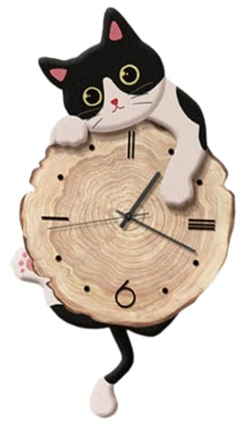 perfk Orologio da Parete a Forma di Gatto, con Pendolo Silenzioso, Decorativo, con Coda oscillante, per Ufficio, Soggiorno e Arredamento per la casa, Nero Bianco