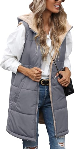 Tuopuda Chaleco Acolchado Mujer con Capucha Chaqueta de Larga Sin Mangas con Cremallera Cálidos Chaleco de Forro polar Invierno Outwear con Bolsillos