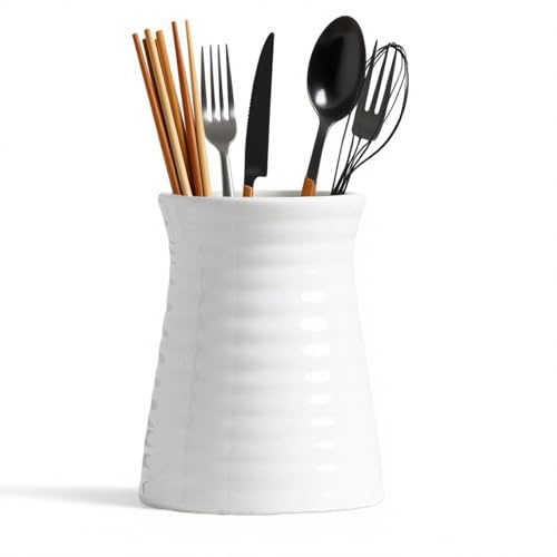 MIUUIPI Porte-ustensiles de cuisine en céramique blanche - 12,5 x 14,5 cm - Rangement pratique pour ustensiles de cuisine et accessoires de décoration