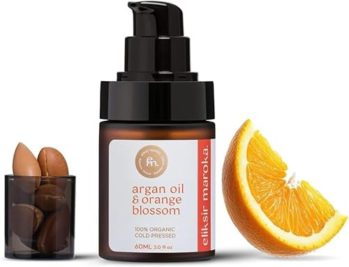Huile d’Argan BIO pressée à froid 60 ml – Parfum Fleur d’Oranger – Soin visage, cheveux, corps & ongles – Hydratante, nourrissante, réparatrice, anti-âge riche en vitamine E – Eliksir Maroka