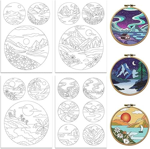 Stickvorlagen Wasserlöslich, 4 Blatt mit 15 Stück Glockenblumenmotiven und Kolibrimotiven, Selbstklebende Stickvorlage, Sticken Für Anfänger, für DIY HandnäHliebhaber Stickerei (C)