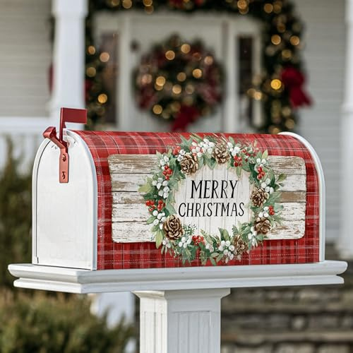 Coperture magnetiche per cassette postali a forma di ghirlanda, rustiche con pigne di agrifoglio, colore rosso, decorazione per giardino e patio, 53 x 64 cm