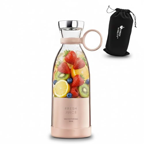 Fresh Juice Portable Blender + Velvet Travel Bag by Fresh Vitality™ – USB Rechargeable Smoothie Maker – BPA-Free, Easy Clean, 4-Blade Personal Juicer for Shakes & Smoothies – Perfect for Travel & Gym