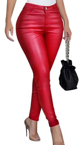 Avanova Women Faux Leather Pants for Women Low Rise Thick Thermal Lined Skinny Sexy Leggings Red Small
