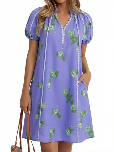 Cicy Bell Womens Summer Puff Sleeve Mini Dresses Floral Print Ruffle Button V Neck Dress Loose Fit Patchwork Beach Outfits