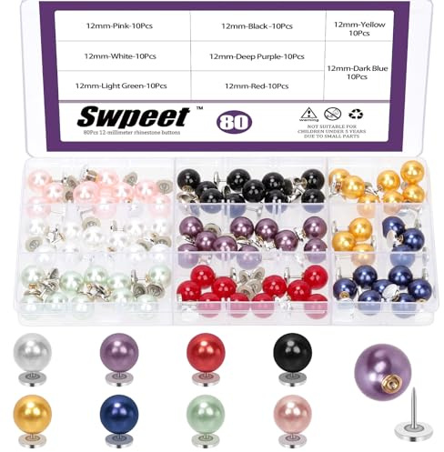 Swpeet 80 uppsättningar 8 färger 12mm Ingen sy Pearl knappar sortiment kit, Anti-exponering Fasta Pearl broscher stiftar, Avtagbara återanvändbara dekorativa broschknappar, säkerhet broschstiftar