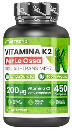 Vitamina K2 MK7 200µg Vitastrong Vegan, 1 Compressa/Giorno (Scorta 15 Mesi) 450 Compresse, MK-7 All-Trans Alta Biodisponibilità, K2 Vitamina (Menachinone) Senza Glutine, Lattosio, OGM, Premium Quality