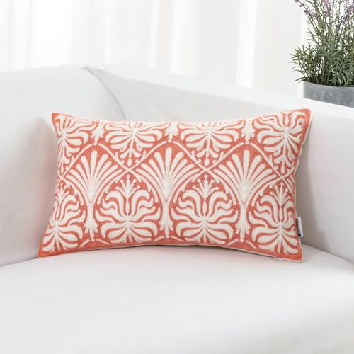 HWY 50 Funda de cojín decorativa de algodón bordado de 12 x 20 pulgadas, funda de cojín para sofá, sala de estar, 1 pieza, color rosa coral