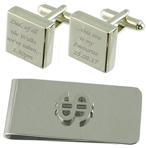 Geschenk-Set mit Gravur Dad Favourite Walks, quadratisch, Manschettenknöpfe, Dollar-Geldklammer, silber, Einheitsgröße