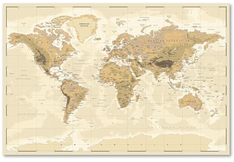 Postereck - 0610 - Alte Vintage Vektor Weltkarte, Länder Kontinente - Unterricht Klassenzimmer Schule Wandposter Fotoposter Bilder Wandbild Wandbilder - Poster - DIN A2-42,0 cm x 59,4 cm