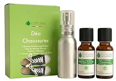 VOSHUILES - Mon Petit Kit Déo Chaussures - 2 Huiles Essentielles Bio - 100% Pure et Naturelle - HEBBD, Ecocert - Menthe Poivrée, Palmarosa - 2x10ml - Vaporisateur 50ml Inclus