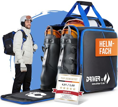Driver13 ® Mochila para Botas de esquí con Compartimento para Casco + Mochila para Botas de esquí con Compartimento para Casco Duro + Botas de Snowboard + Bolsa para Botas Negro-Azul