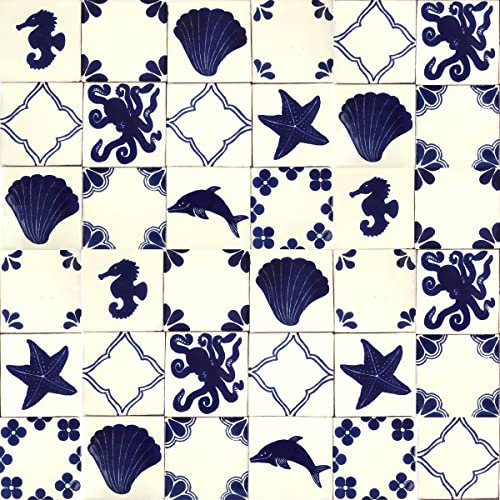 Cerames Mexikanische Keramische Fliesen Mariscos - 30 dekorative mexikanische mosaik fliesen für Badezimmer, Küche, Dusche, Treppen, Küchenrückwand | Keramikmosaikfliesen 10,5x10,5 cm