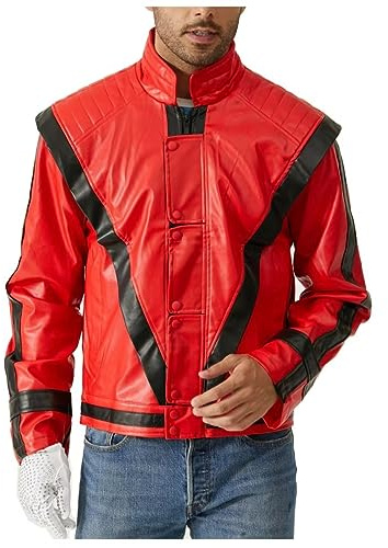 Shuanghao Rouge Veste Jacket de Cuir+(Donner Cadeau Gants) Adulte Costume Halloween Noël Carnaval Fête Cosplay Danse Partie Rétro Spectacle Costume Déguisement Hommes Femmes Adultes(Rouge Noir