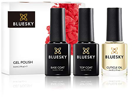Bluesky Juego de esmaltes de uñas en gel, capa superior y base con aceite de cutícula, 3 x 5 ml, parte superior y base (requiere curado bajo lámpara UV/LED)