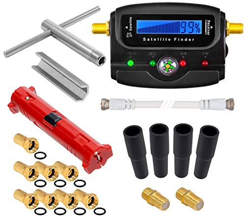 HB-Digital XXL SAT Installationsset: Sat-Finder mit digitaler Anzeige + Abisolierer + Aufdrehhilfe + Montageschlüssel + 8X F-Stecker vergoldet + 2X Verbinder + 4X Gummitülle Wetterschutz Werkzeugset