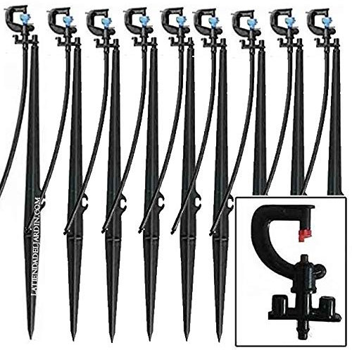 Suinga Lot de 10 Arroseur 180º montés avec microtube et Prise avec Piquet 40 cm pour arrosage agricole et Jardinage. Microasperseur 180º avec débit 73 à 125 l/h et portée 1,7 mètres